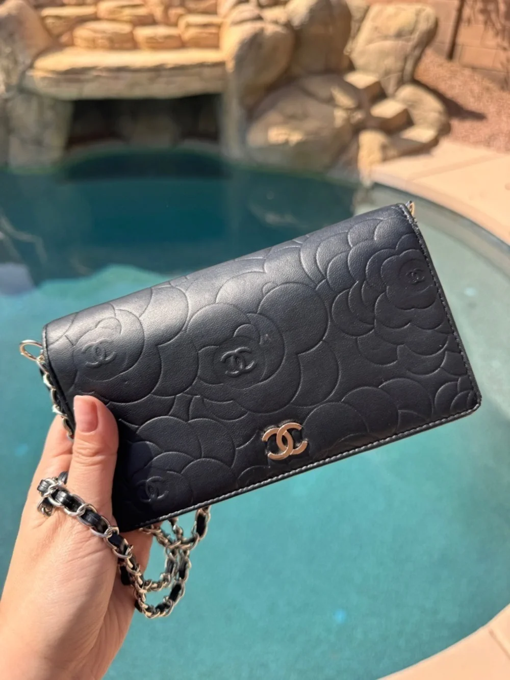 Authentic CHANEL Black Camellia Quilted Leather Shoulder Bag with Chain Strap